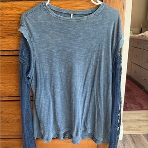 Free People Blue Long Sleeve Tee with Lace